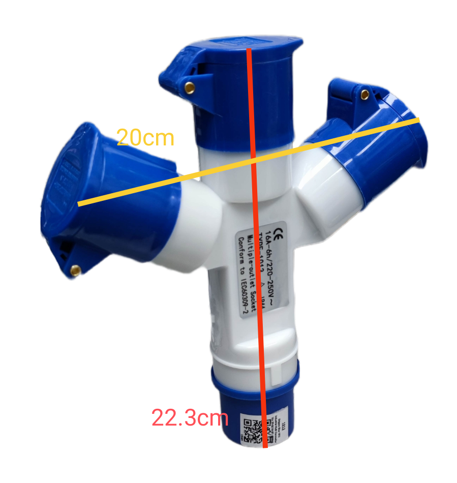 Grippes 16A industrial connector splitter with three blue outlets for electrical circuitry connections