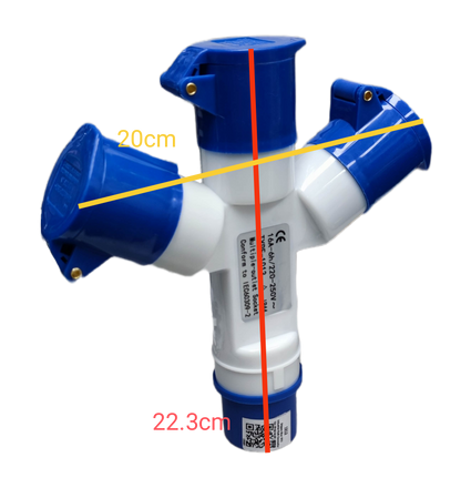 Grippes 16A industrial connector splitter with three blue outlets for electrical circuitry connections