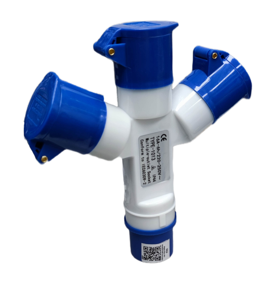 Grippes 16A industrial connector splitter in white and blue for electrical circuitry and parts