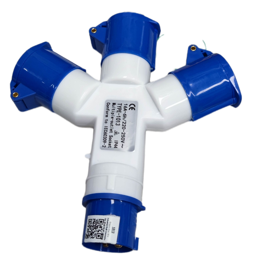 Grippes 16A industrial connector splitter with four blue and white sockets for electrical circuitry 2P+ E
