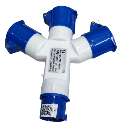 Grippes 16A industrial connector splitter with four blue and white sockets for electrical circuitry 2P+ E