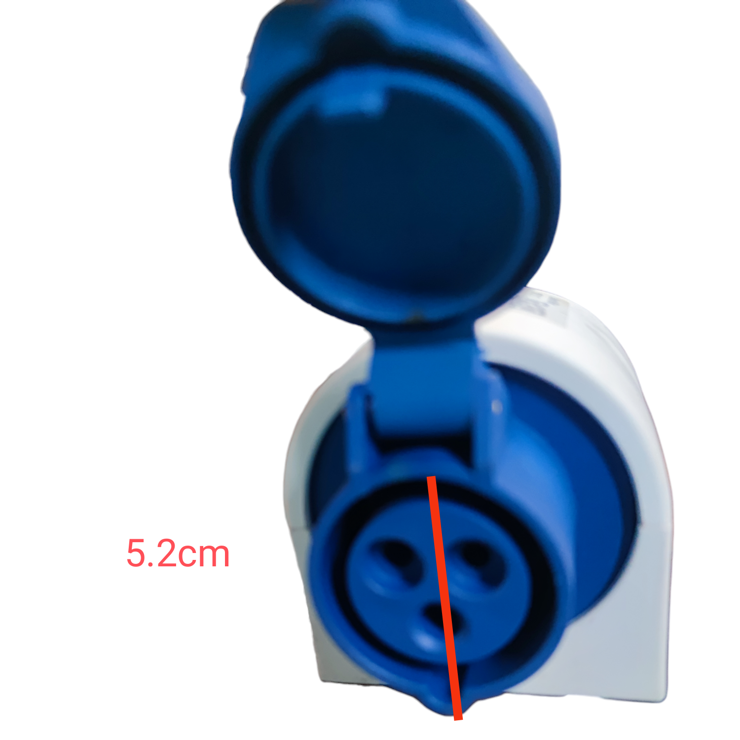 Sassin 16A Industrial Outlet 2P with blue protective cover open showing two-pin socket and white base