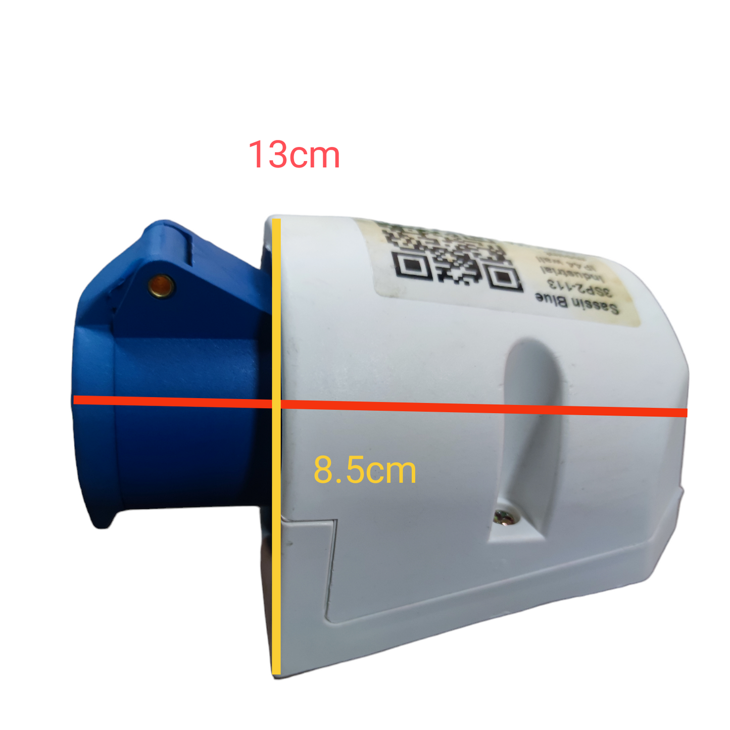 Sassin 16A Industrial Outlet 2P in white and blue with product dimensions shown