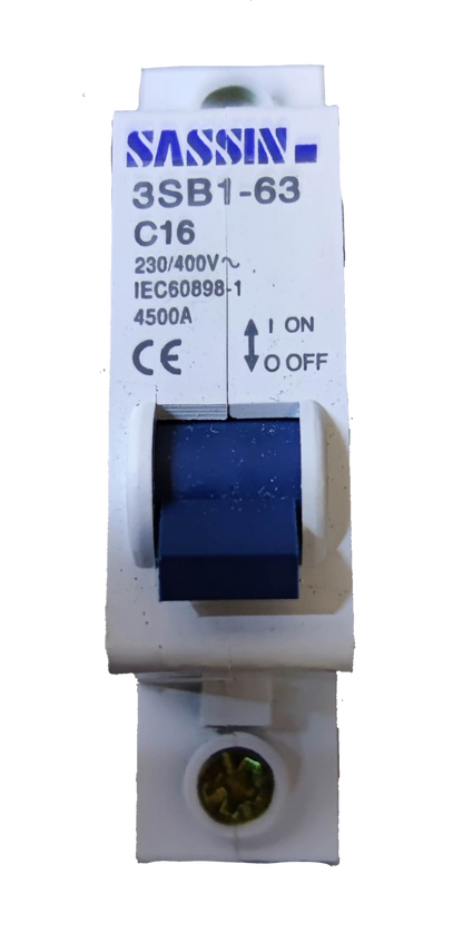 Sassin 16A Miniature Circuit Breaker 1 Pole with blue switch and 230 400V rating for electrical protection