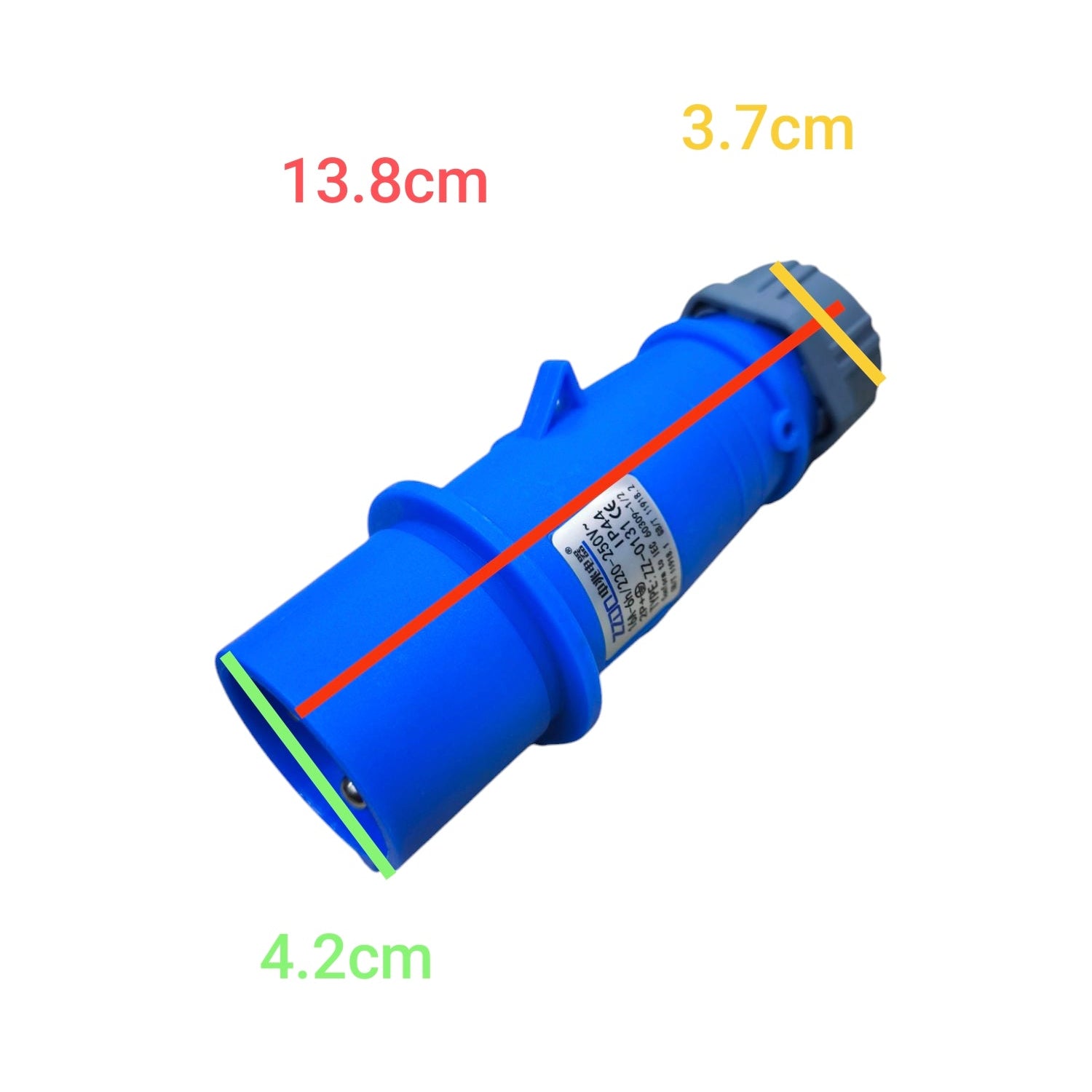 Grippes 16A weatherproof industrial plug connector in blue with size dimensions