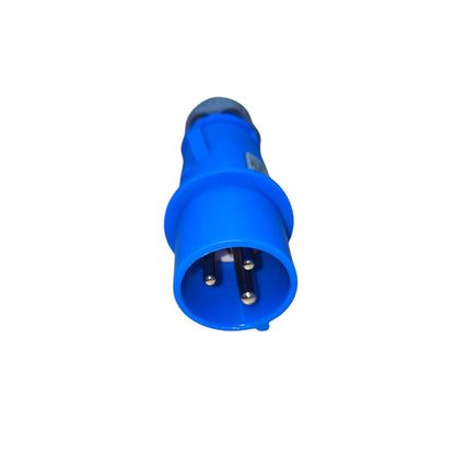 Grippes 16A weatherproof industrial plug connector in blue with three metal pins for electrical use