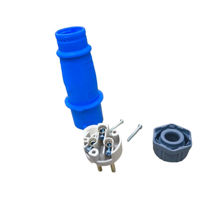 Grippes 16A weatherproof industrial plug connector disassembled showing blue casing and internal wiring parts