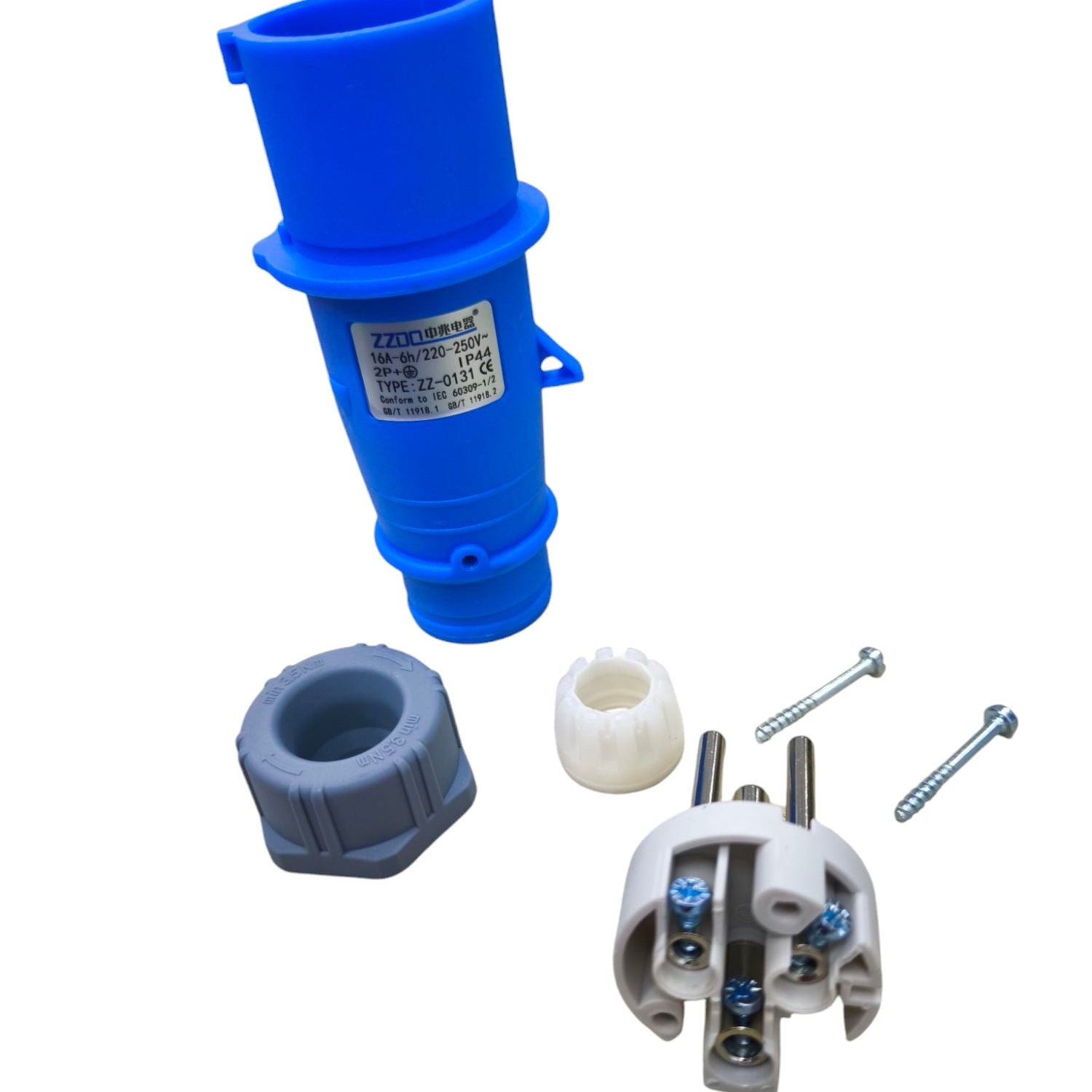 Grippes 16A weatherproof industrial plug connector in blue with assembly parts and screws
