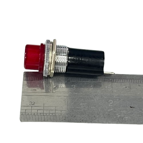 Grippes 16mm LED indicator lamp 220V red panel mount with threaded bezel and black body shown on ruler