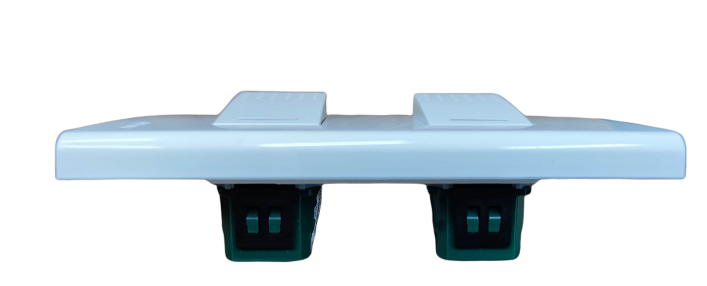 Royu white 2 gang 3 way switch with plate showing two rocker switches and green mounting brackets