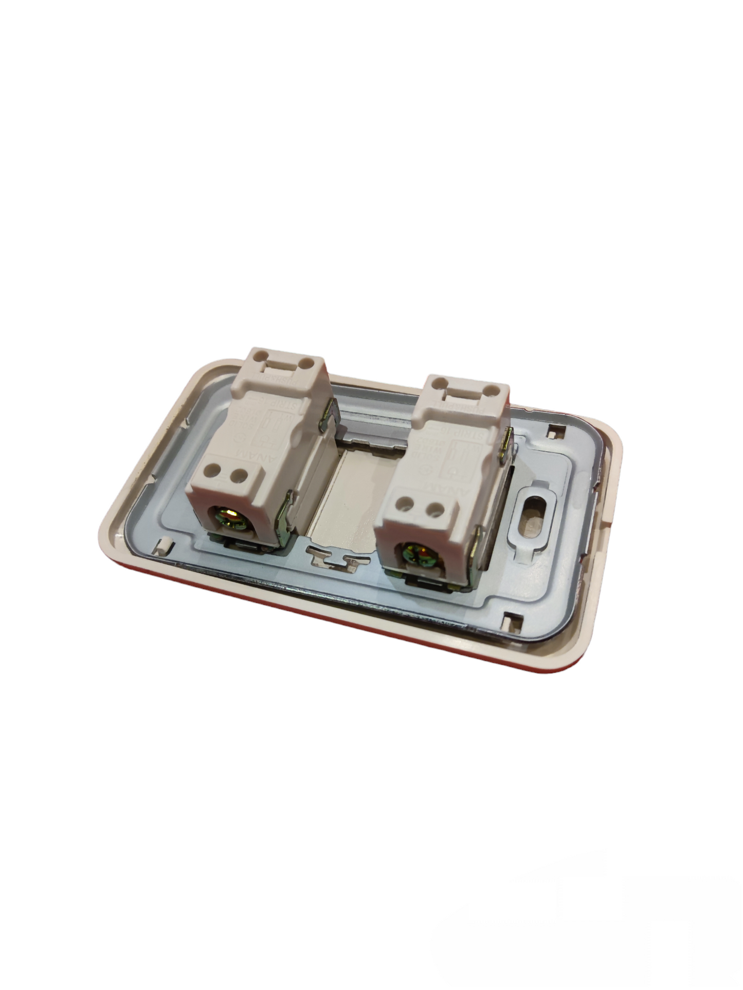 Anam 2 gang flat pin outlet with ground showing the back mounting and wiring connections