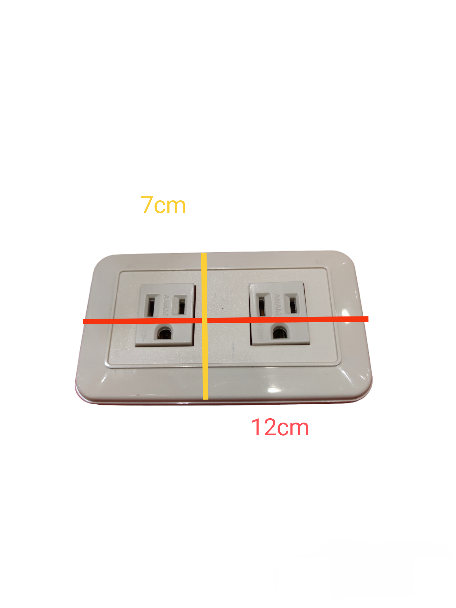 Anam 2 gang flat pin outlet with ground measuring 12cm by 7cm in white finish