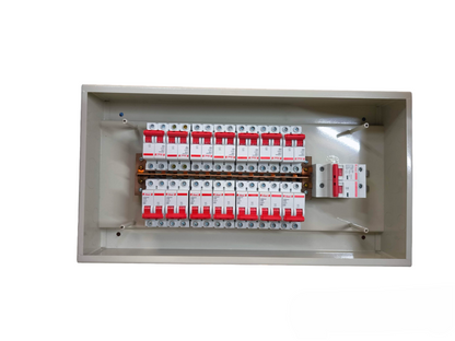 Himel 2 pole main panel board 14 branches with red and white circuit breakers in a metal enclosure