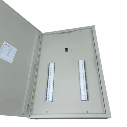 Schneider 20 branch circuit breaker panel with open gray metal enclosure and breaker slots