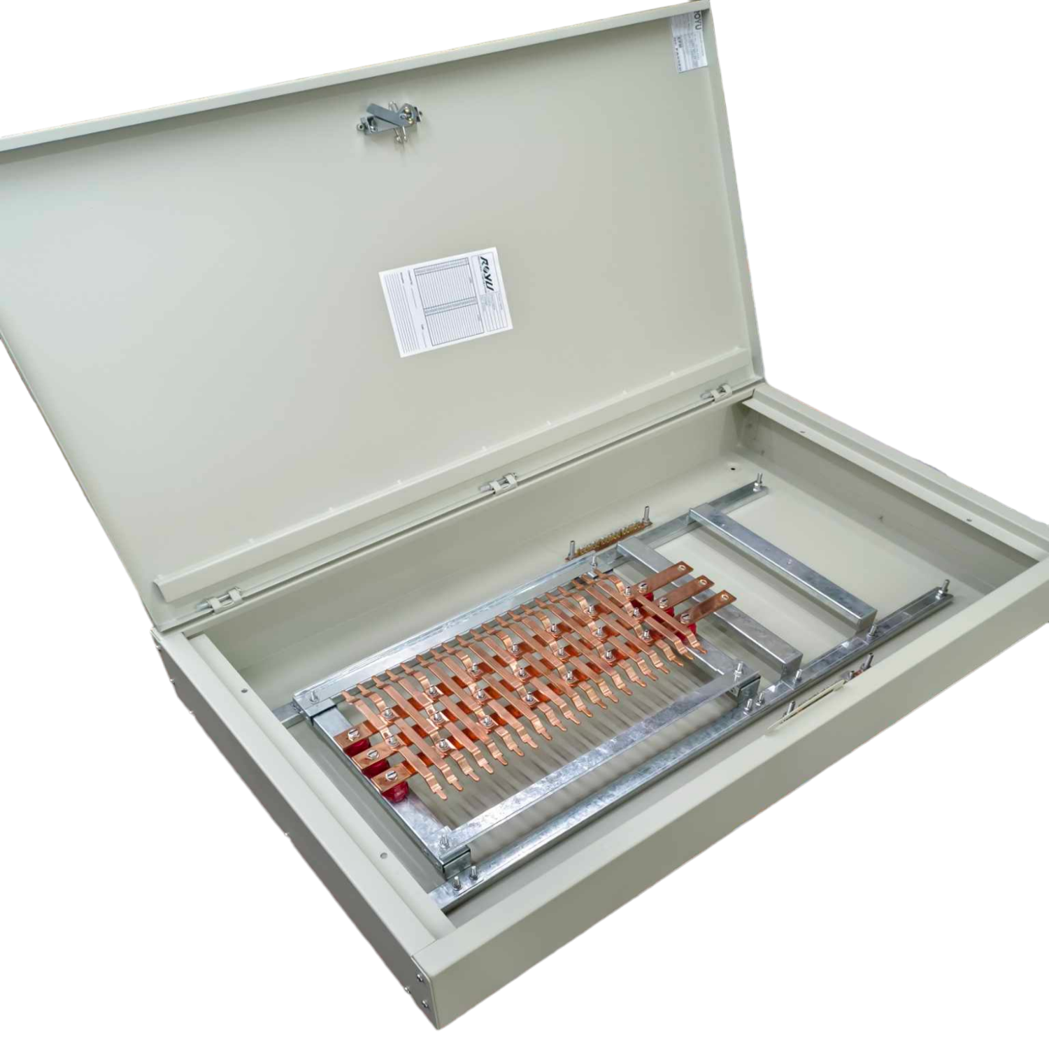 Schneider 20 branch circuit breaker panel with open cover showing internal copper bus bars and metal frame