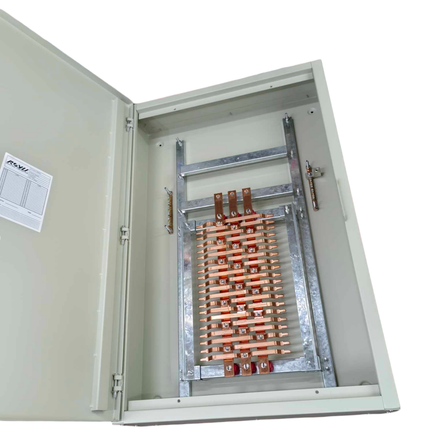 Schneider 20 branch circuit breaker panel with metal frame and insulated copper bus bars inside an open gray metal enclosure