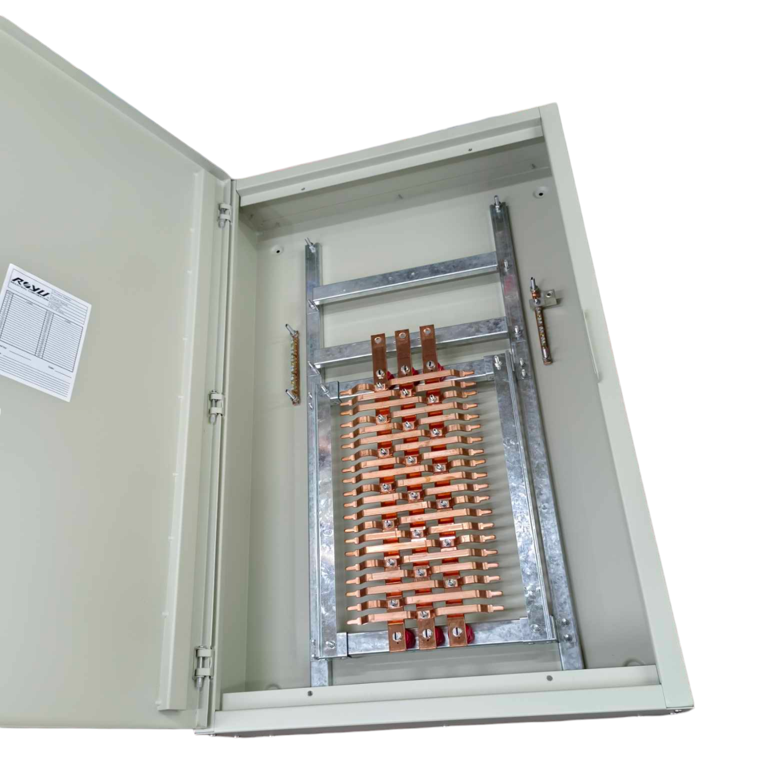 Schneider 20 branch circuit breaker panel with metal frame and insulated copper bus bars inside an open gray metal enclosure