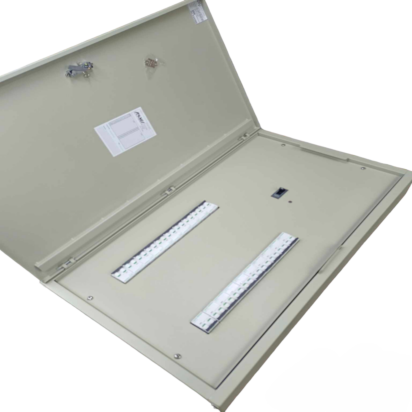 Schneider 20 branch circuit breaker panel with open metal cover and two bus bars inside