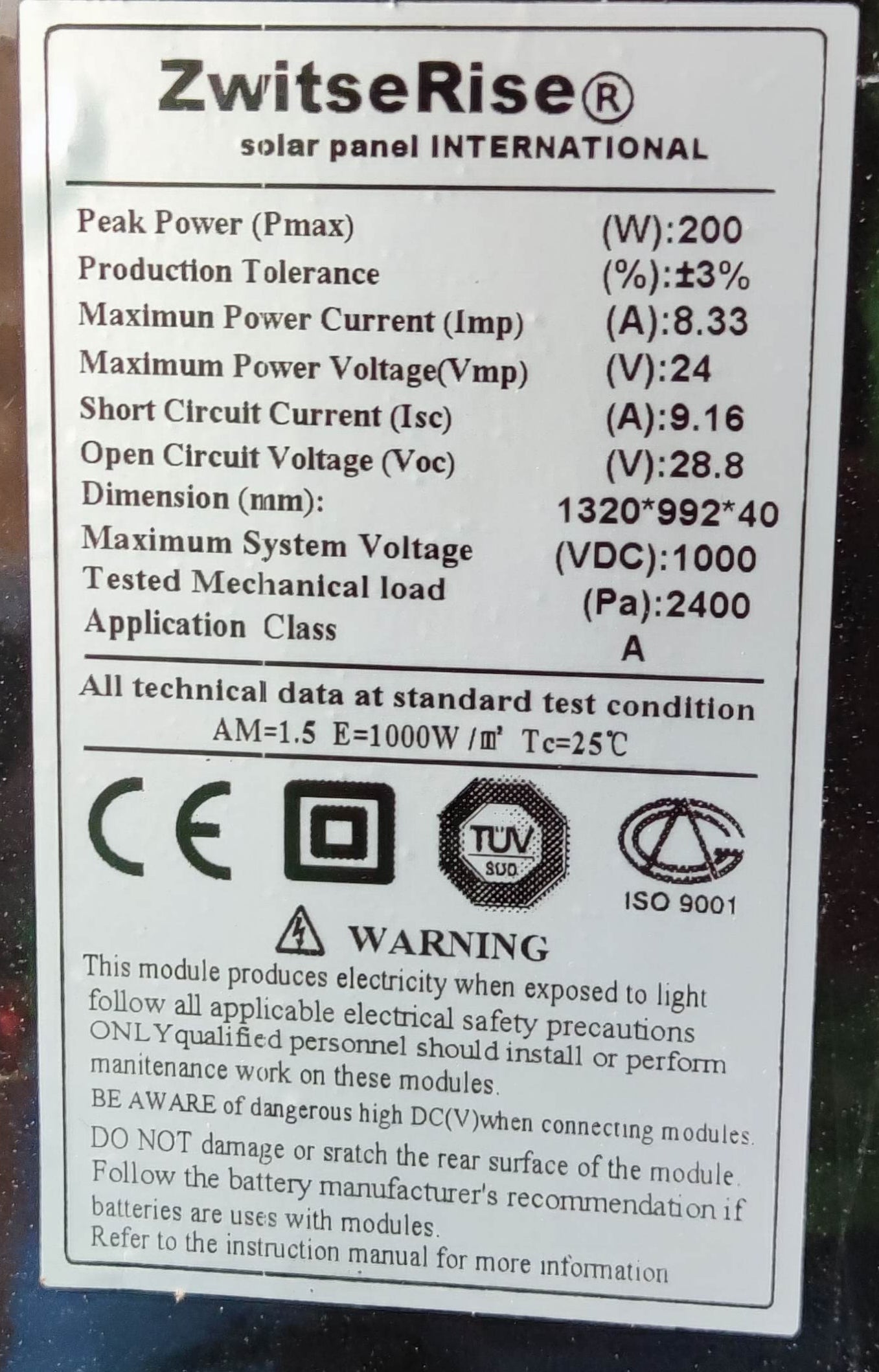 ZwitseRise label showing technical specifications for 200W Solar Panel 1320 x 992 x 40 mm