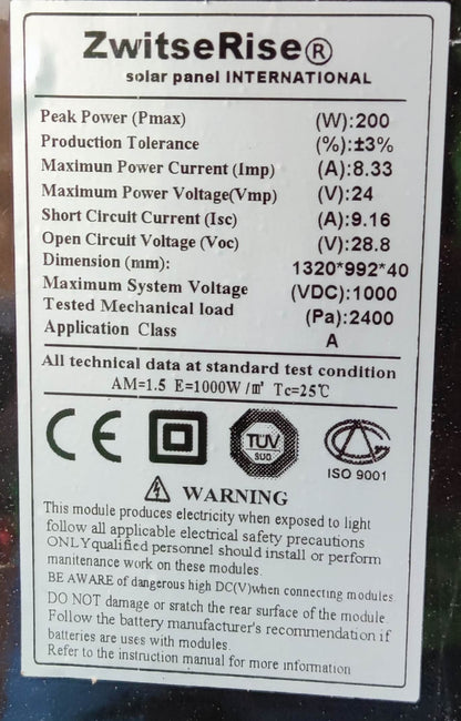 ZwitseRise label showing technical specifications for 200W Solar Panel 1320 x 992 x 40 mm
