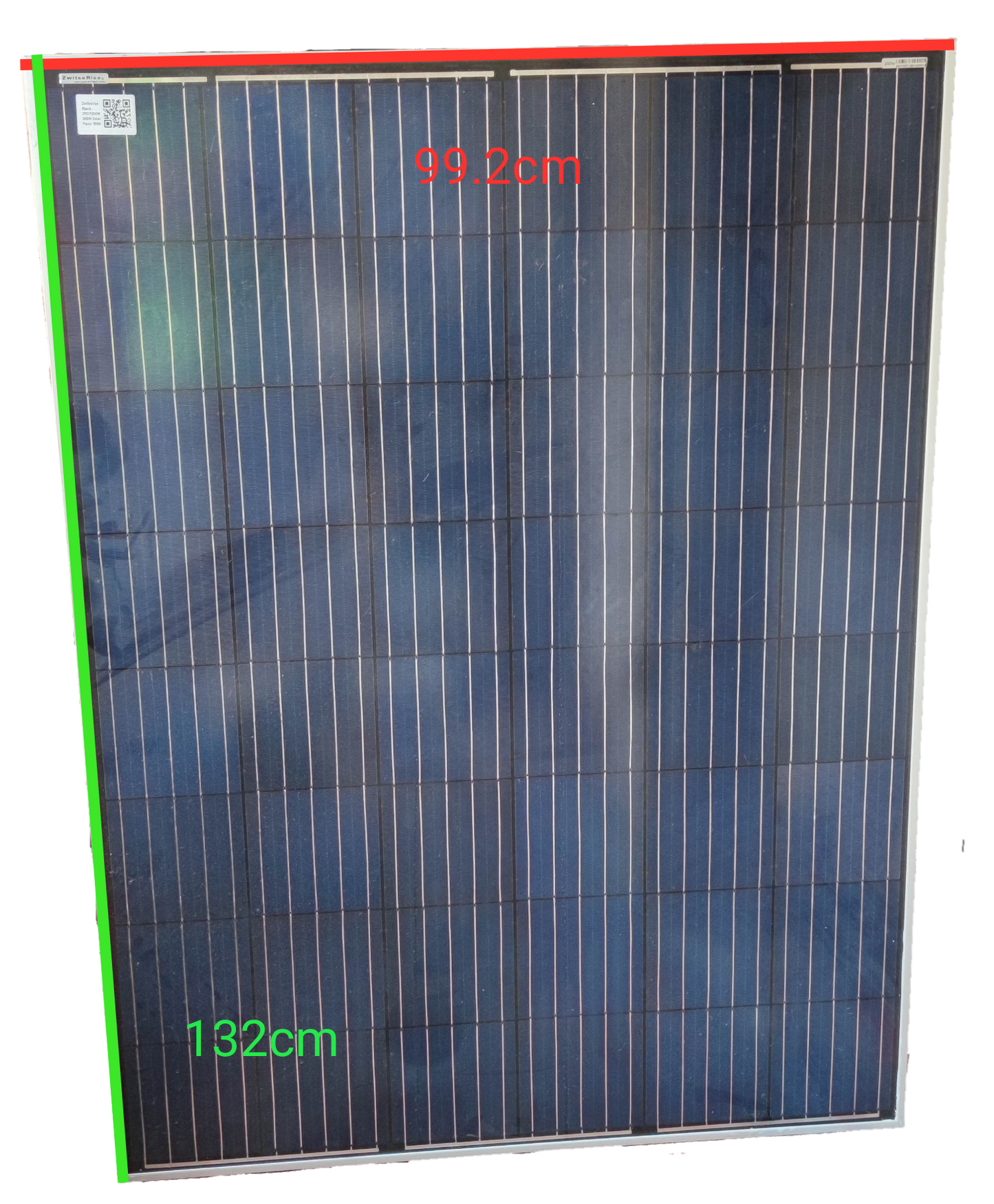 ZwitseRise 200W Solar Panel 1320 x 992 x 40 mm with measurement markings on a dark background