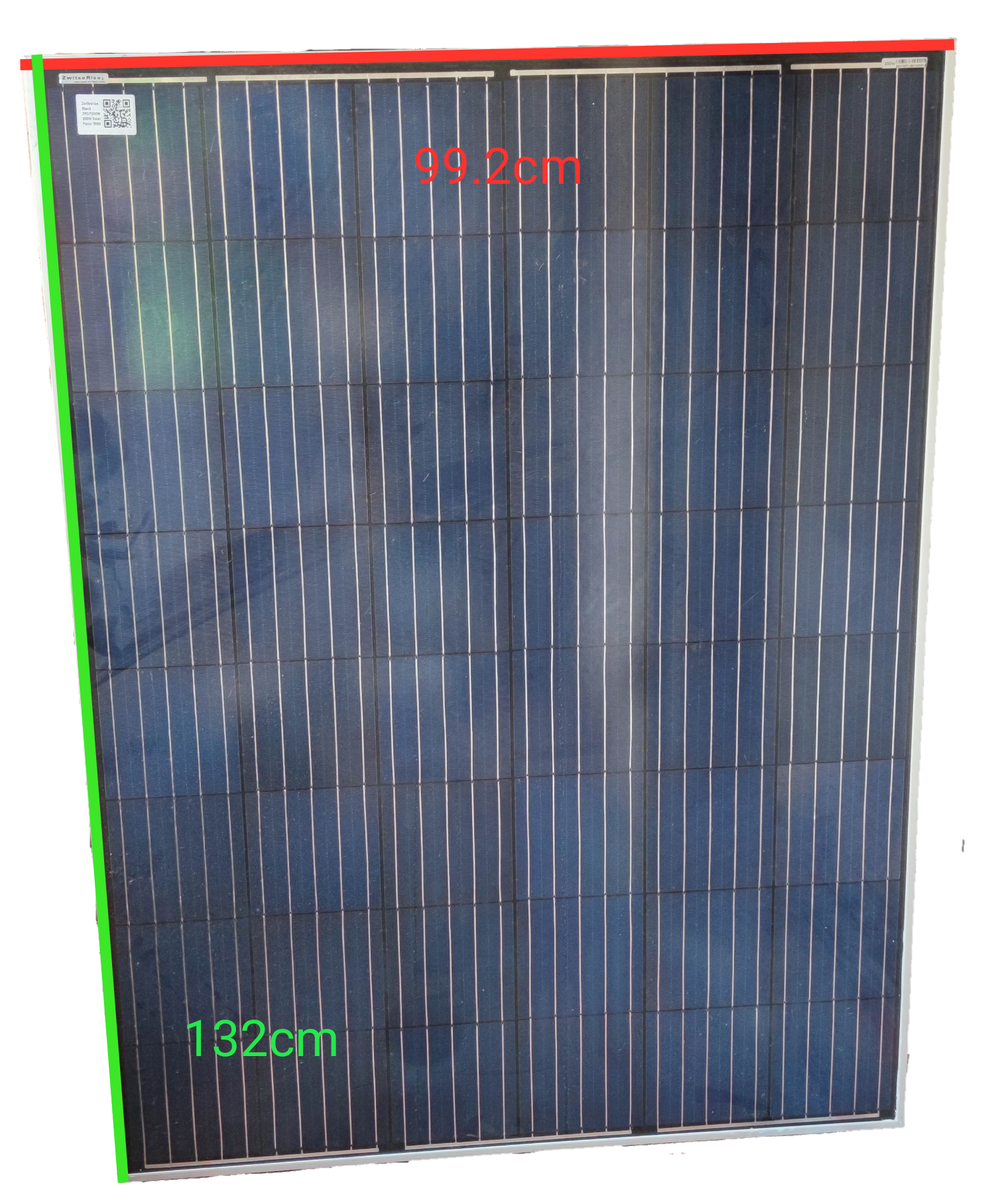 ZwitseRise 200W Solar Panel 1320 x 992 x 40 mm with measurement markings on a dark background