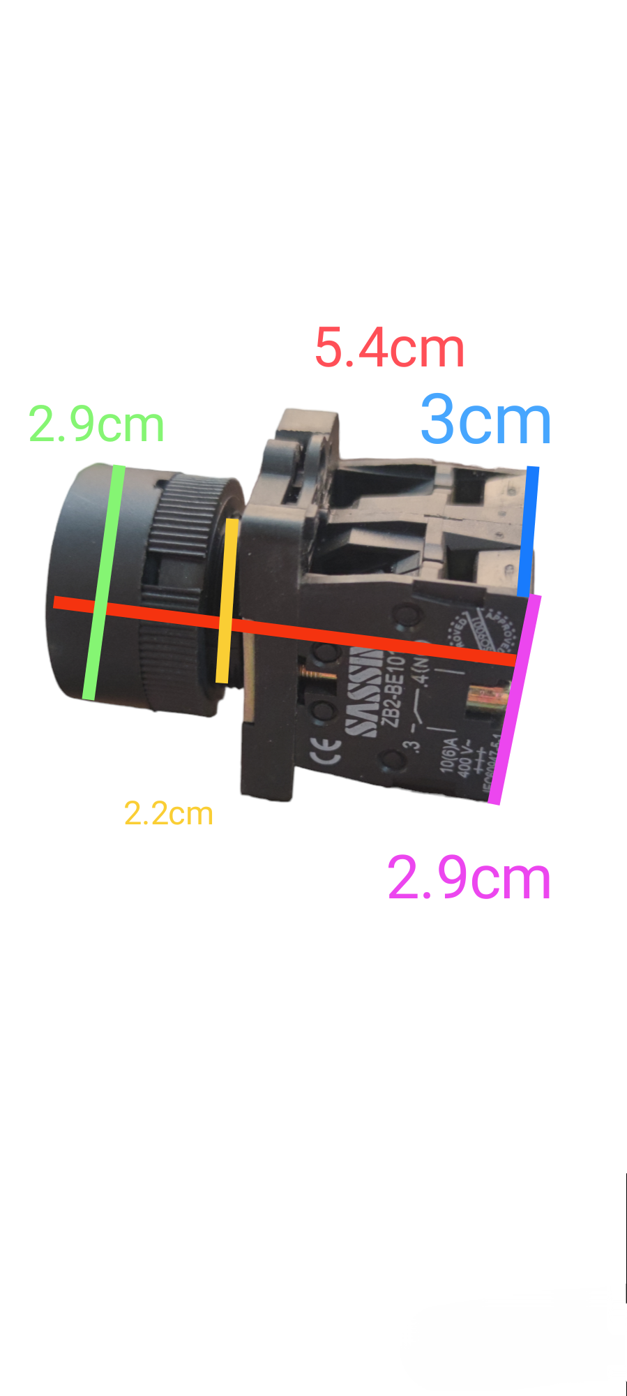 Sassin 22mm Push Button Switch 1NO 1NC for door chimes and bells with compact design and marked dimensions