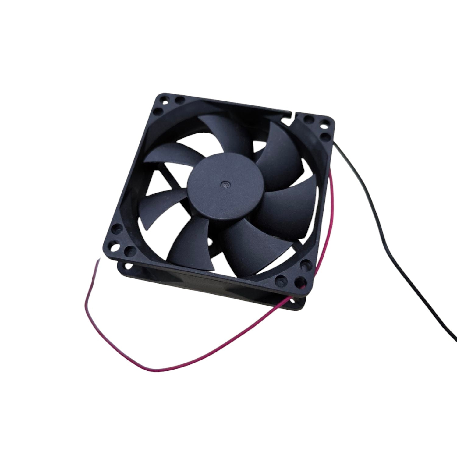Black 24V DC box fan exhaust fan with seven blades and attached red and black wires
