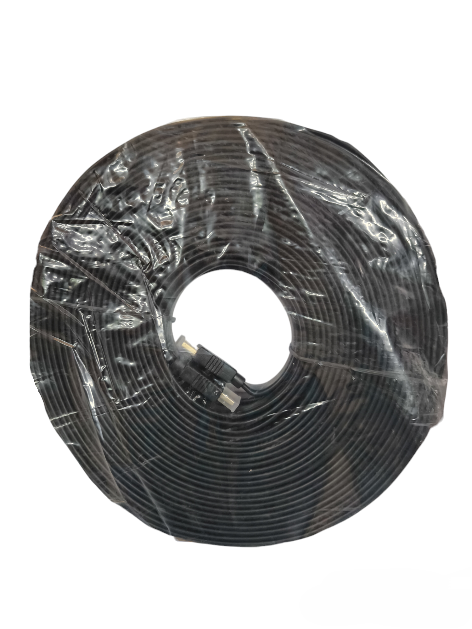 25 Meter flat HDMI cable 1080p coiled and packaged in clear plastic wrap with visible HDMI connectors