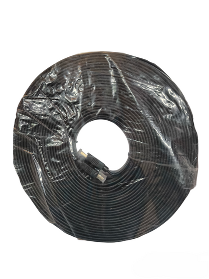25 Meter flat HDMI cable 1080p coiled and packaged in clear plastic wrap with visible HDMI connectors