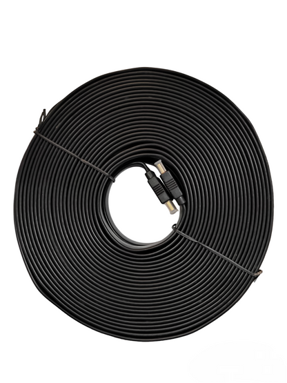 25 Meter flat HDMI cable 1080p in black coiled with gold-plated connectors for high-definition video
