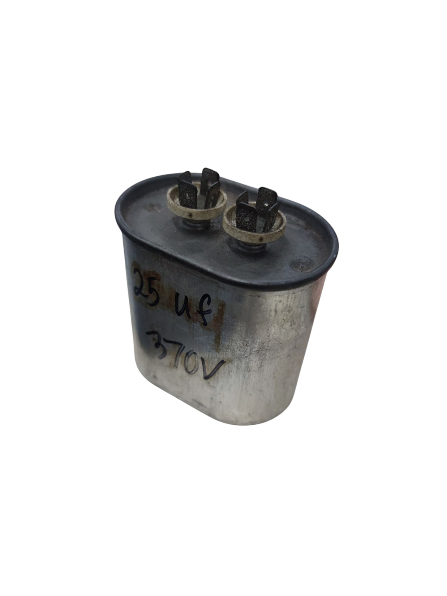 25uF 370V capacitor electrical circuitry part with metal casing and dual terminals from China
