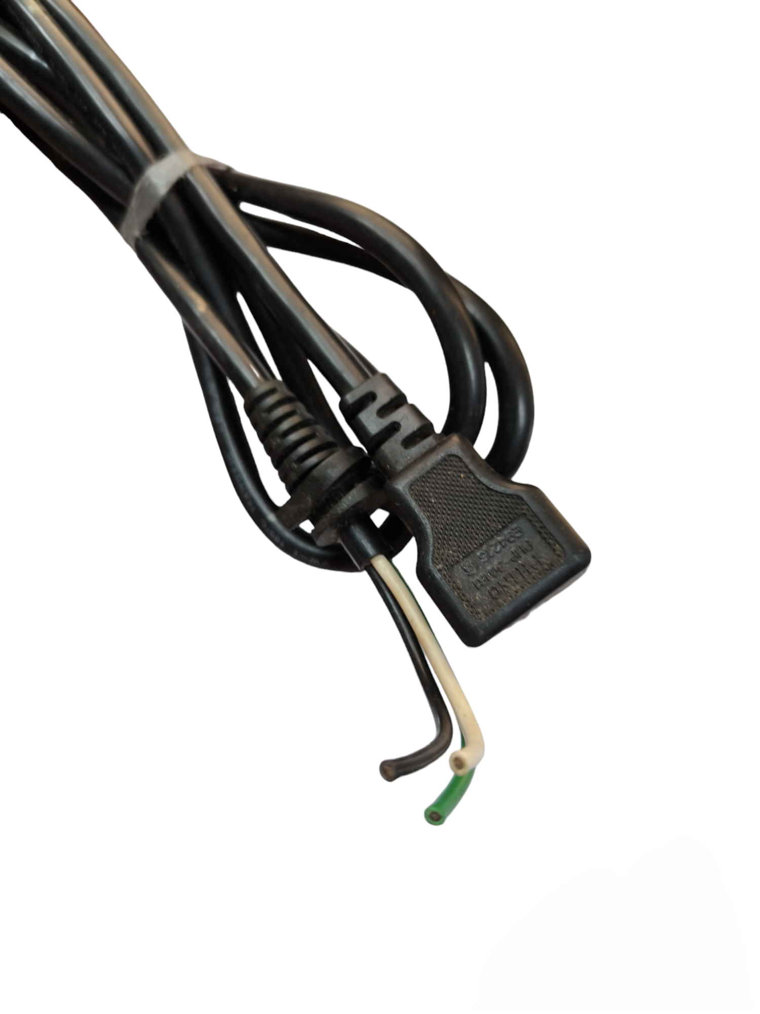 Black 3 core AC power cord with ground featuring exposed wire ends and rectangular connector made in China