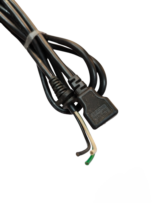 Black 3 core AC power cord with ground featuring exposed wire ends and rectangular connector made in China