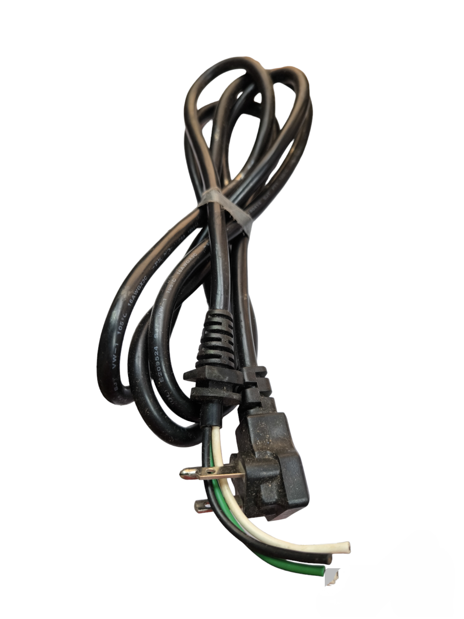 Black 3 core AC power cord with ground featuring three exposed wires and a molded plug from China