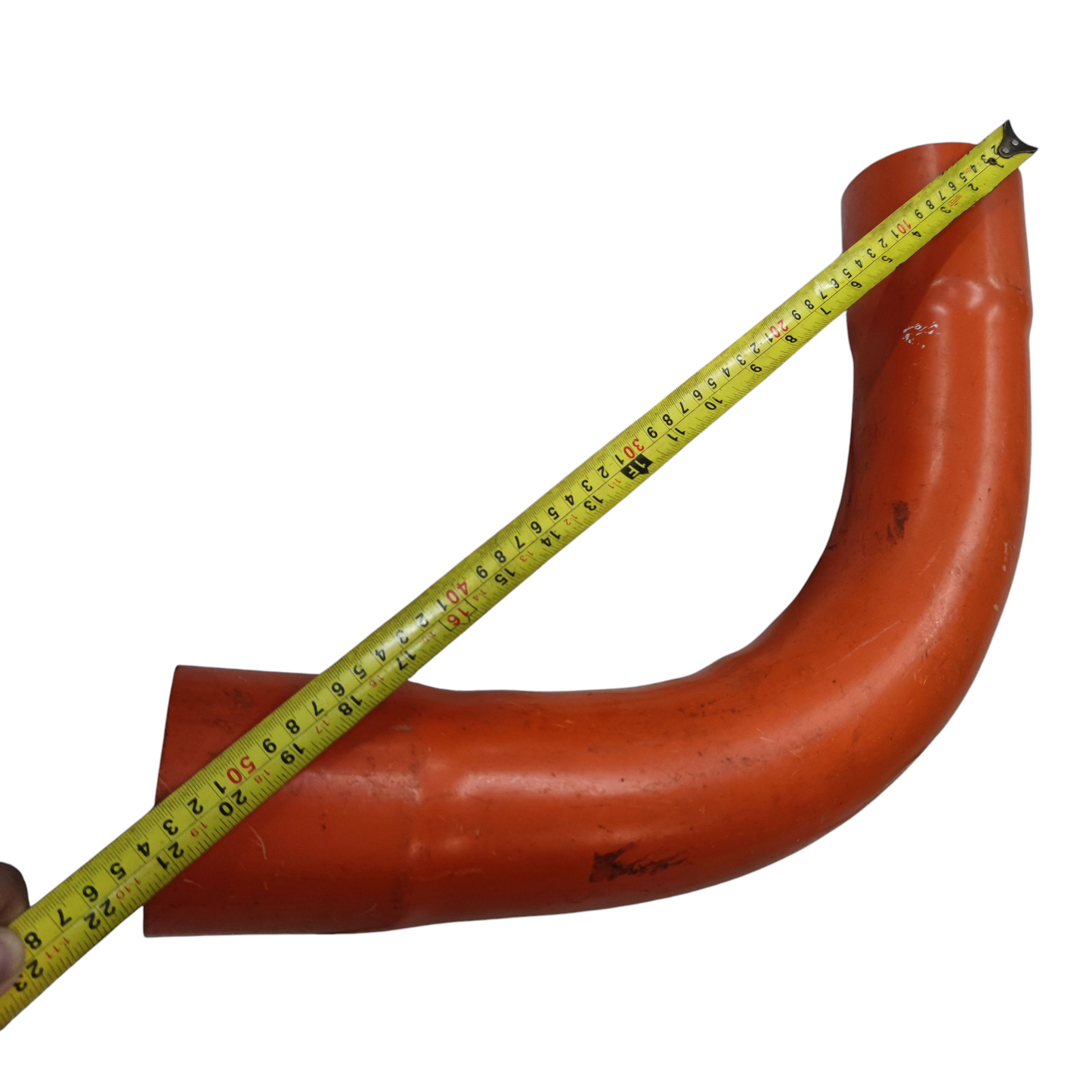Atlanta 3 Inch PVC Conduit Elbow in orange with measuring tape highlighting its size