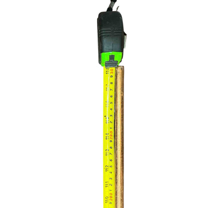 Yellow tape measure measuring a copper 3 meters grounding rod against a white background