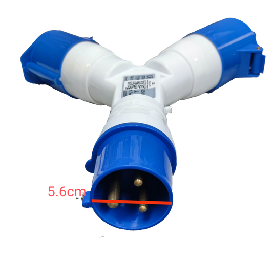 Grippes 32A industrial plug splitter with three blue and white connectors for heavy-duty electrical use