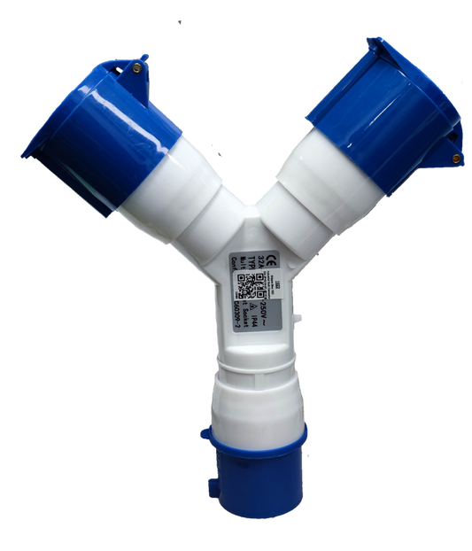 Grippes 32A industrial plug splitter with two blue socket outlets and one blue plug connector