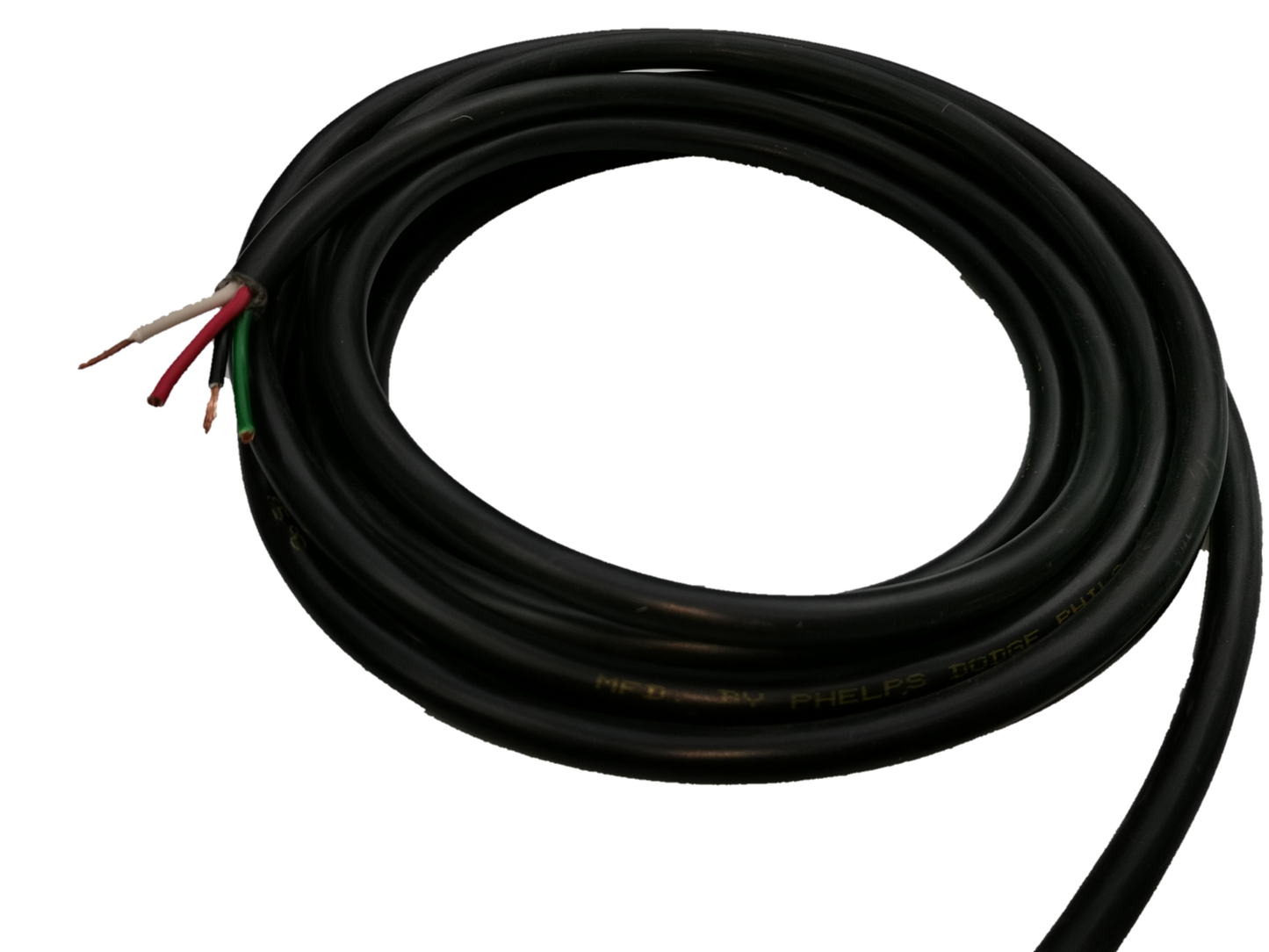 Phelps Dodge 4 core 2.0mm electrical wire with black insulation and exposed colored copper wires