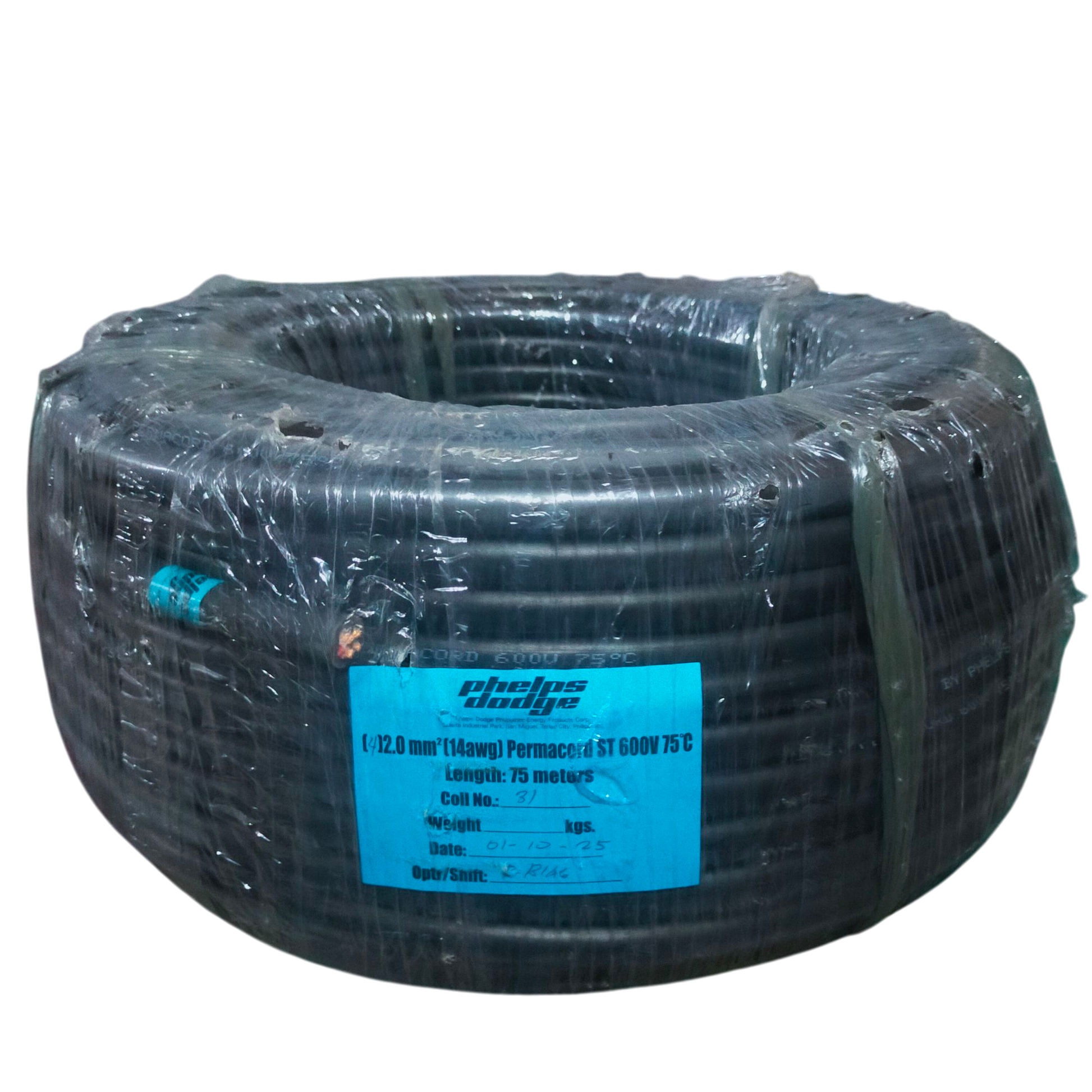 Phelps Dodge 4 core 2.0mm electrical wire coil wrapped in plastic with blue label