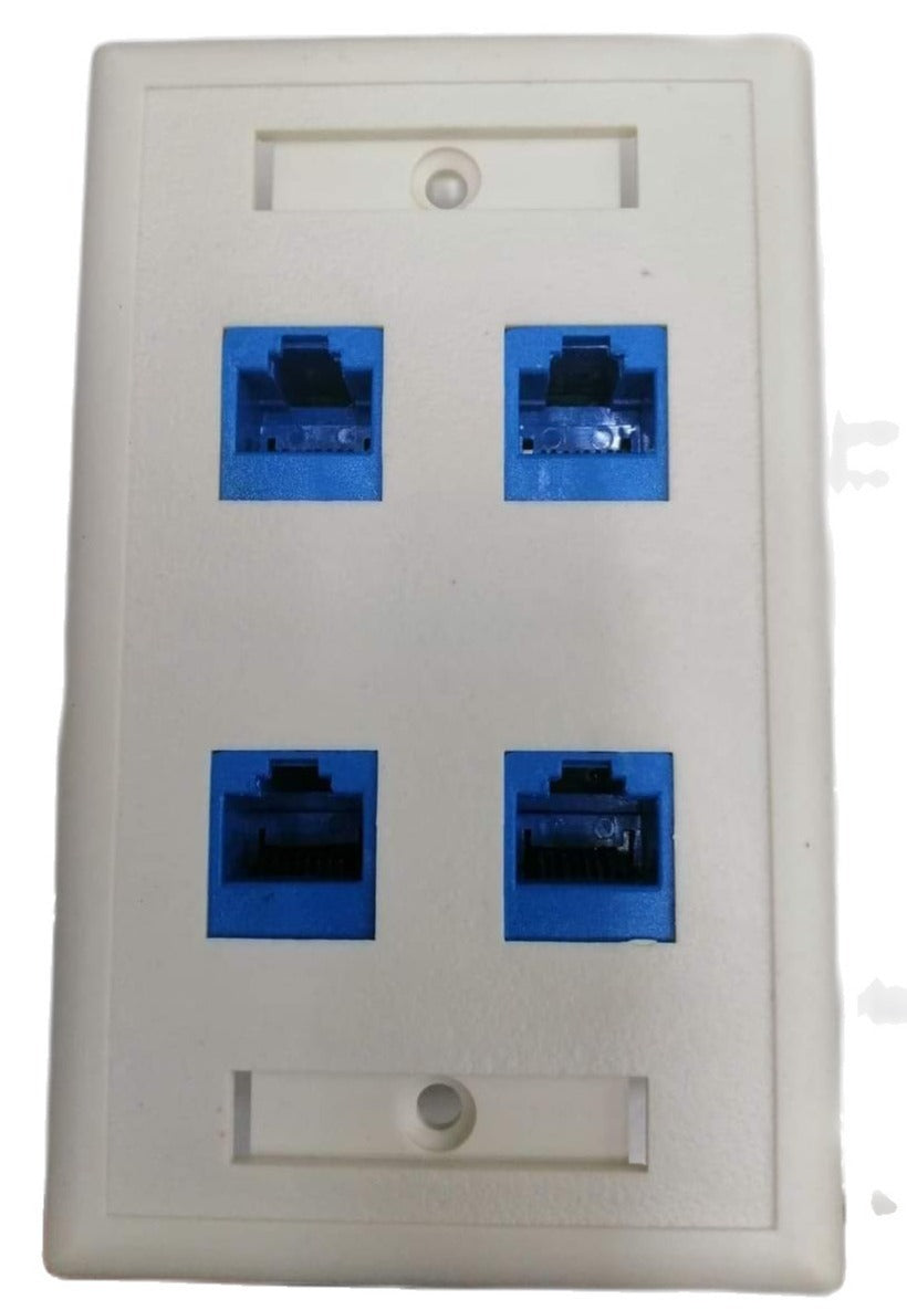 AMP 4 gang Cat 6 wall outlet with four blue Ethernet ports on white faceplate