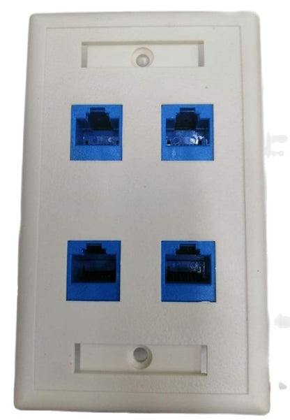 AMP 4 gang Cat 6 wall outlet with four blue Ethernet ports on white faceplate
