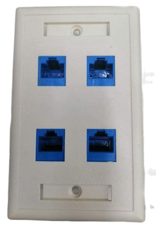 AMP 4 gang Cat 6 wall outlet with four blue Ethernet ports on white faceplate
