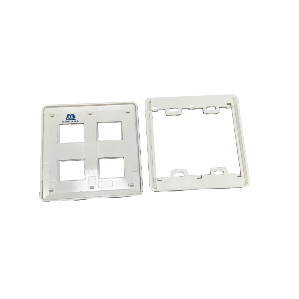 Kopez white 4 gang face plate for electrical switches showing front and back sides