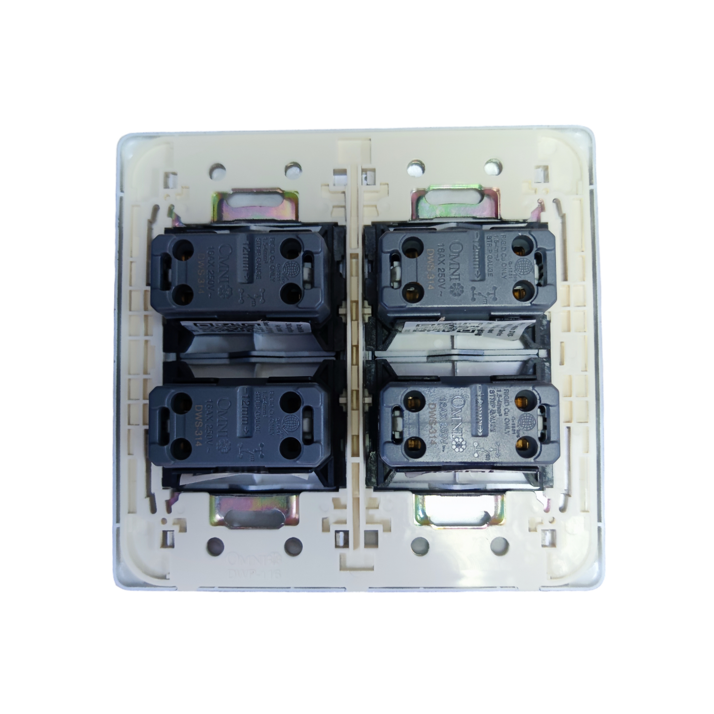 Omni 4 gang illuminated wall switch back view showing wiring and mounting components