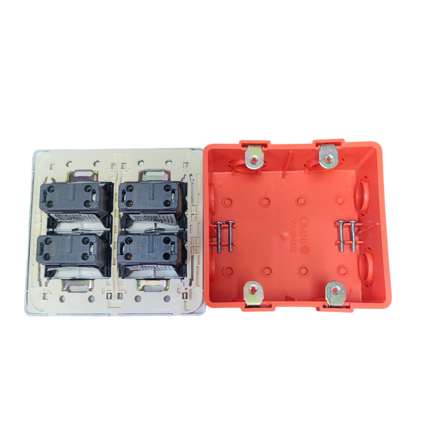 Omni 4 gang illuminated wall switch internal mechanism and orange mounting box parts