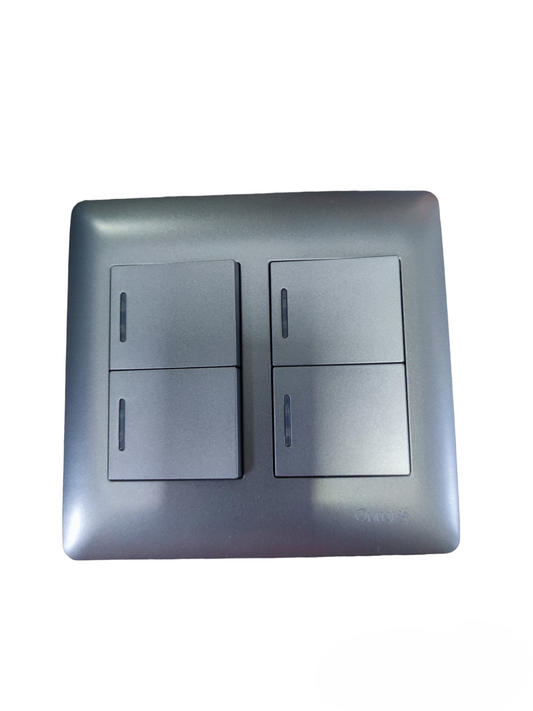 Omni 4 gang illuminated wall switch in metallic finish for controlling multiple lights