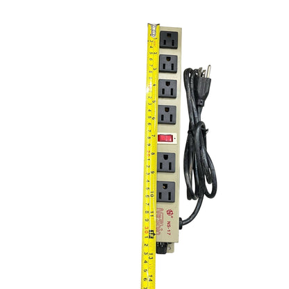 6 gang extension outlet with switch power strip with black cord and yellow measuring tape