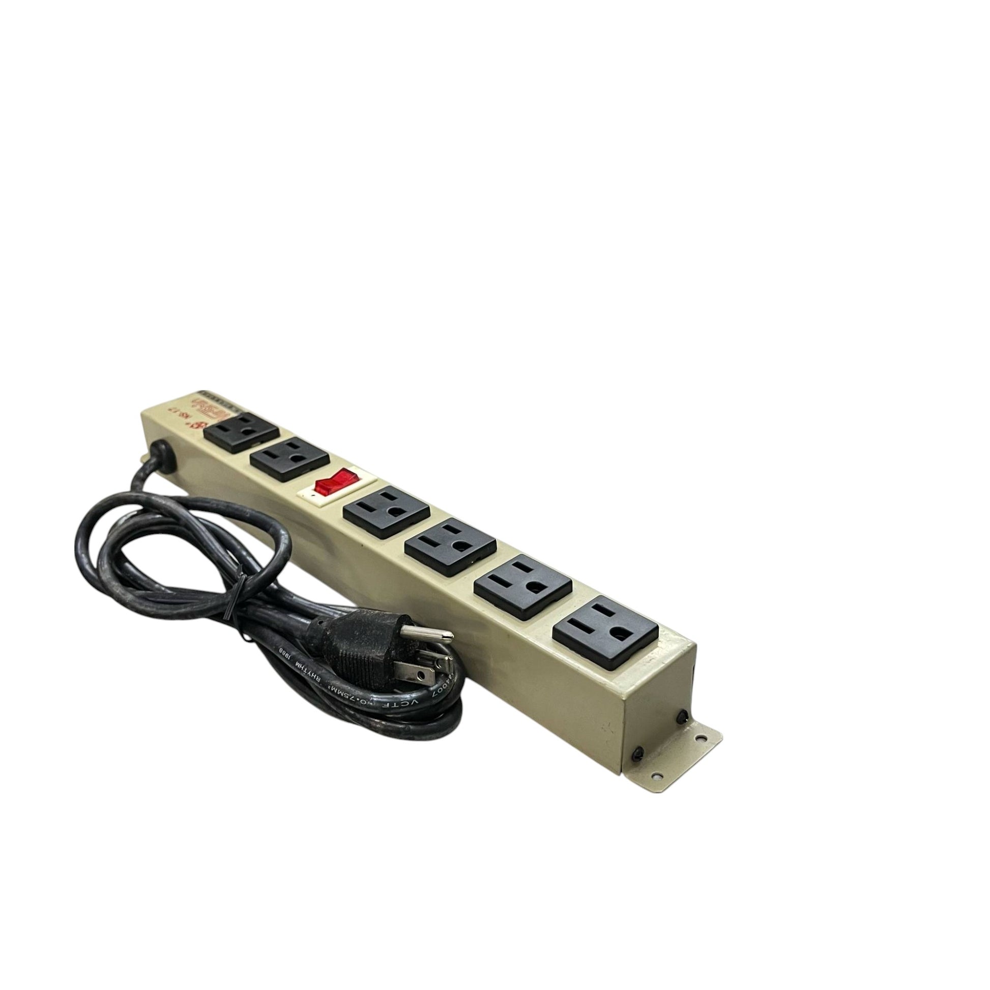 6 gang extension outlet with switch power strip featuring six black sockets and a red switch with attached power cord